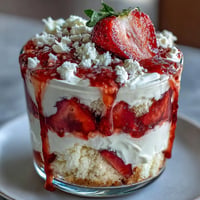 Luscious strawberry shortcake trifle layered with whipped cream, cake, and fresh berries.