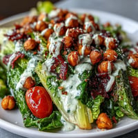 Classic Vegan Caesar Salad with crispy chickpea croutons, ready to serve.