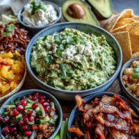 Beautifully arranged guacamole bar with five vibrant Mexican-inspired toppings.